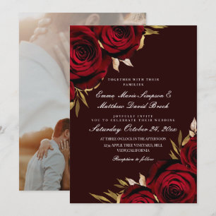 Romantic Red & Gold Rose Floral Wedding Invitation