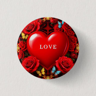 Romantic Red Heart Framed by Roses and Butterflies 3 Cm Round Badge