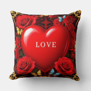 Romantic Red Heart Framed by Roses and Butterflies Cushion