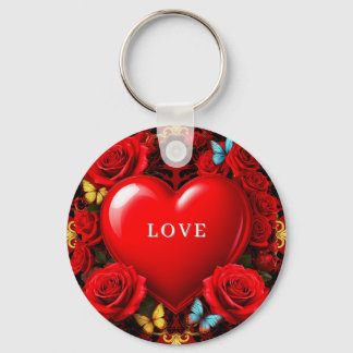 Romantic Red Heart Framed by Roses and Butterflies Key Ring