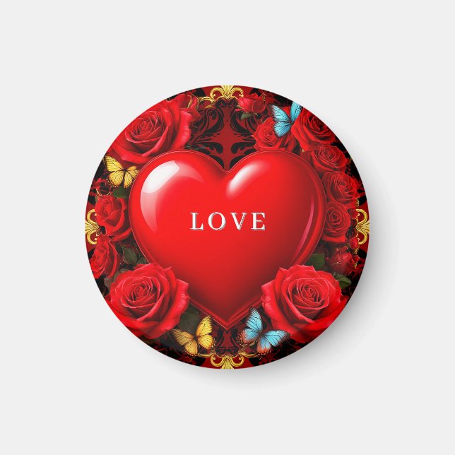Romantic Red Heart Framed by Roses and Butterflies Magnet (Front)