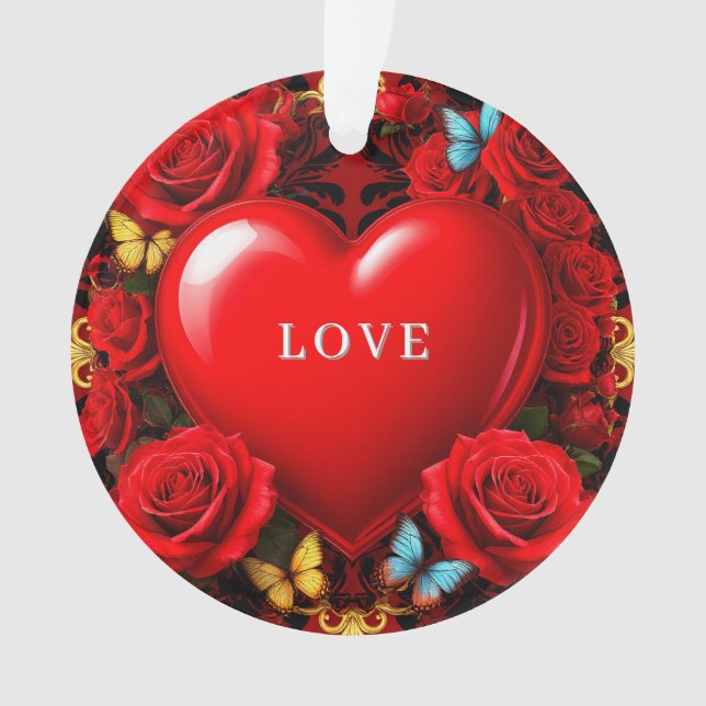 Romantic Red Heart Framed by Roses and Butterflies Ornament (Front)