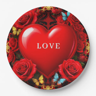 Romantic Red Heart Framed by Roses and Butterflies Paper Plate