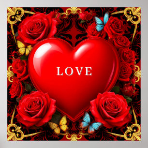 Romantic Red Heart Framed by Roses and Butterflies Poster