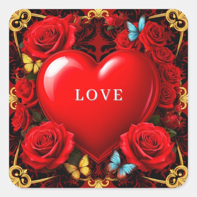 Romantic Red Heart Framed by Roses and Butterflies Square Sticker (Front)