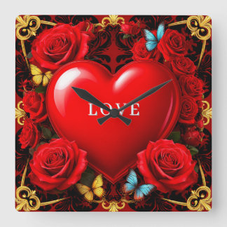 Romantic Red Heart Framed by Roses and Butterflies Square Wall Clock