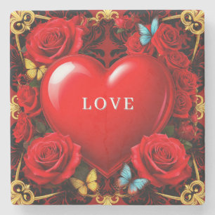 Romantic Red Heart Framed by Roses and Butterflies Stone Coaster