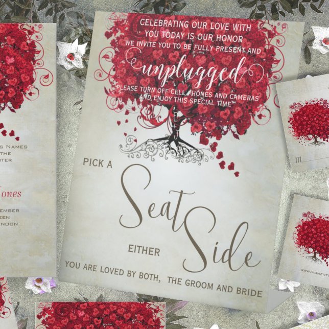 Romantic Red Heart Leaf Tree Black Trunk Wedding Pedestal Sign (Creator Uploaded)