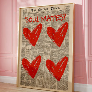 Romantic Red Heart Newspaper Collage Wall Art