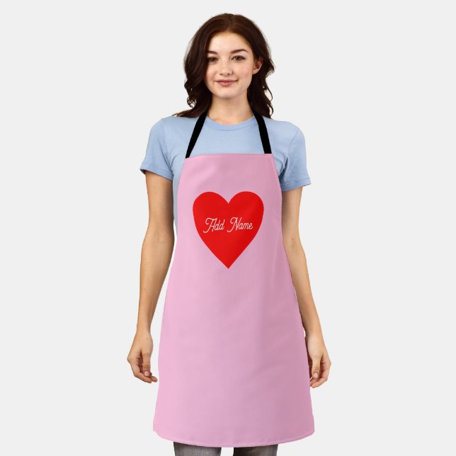 Romantic Red Heart Pastel Pink Personalised Apron (Worn)