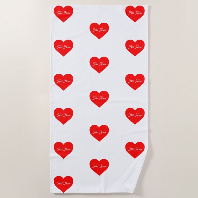 Romantic Red Heart Personalised  Beach Towel (Front)