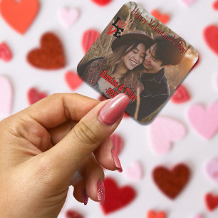Romantic Red Heart Photo with Custom Names Square Sticker