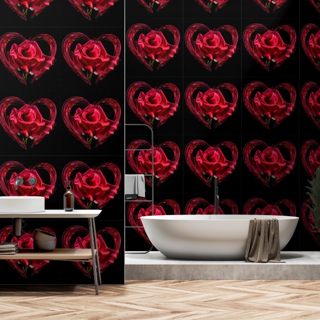 Romantic Red Heart Rose Black Wallpaper (Bathroom)