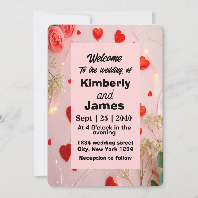 Romantic Red Heart & Rose Wedding Invitation (Front)