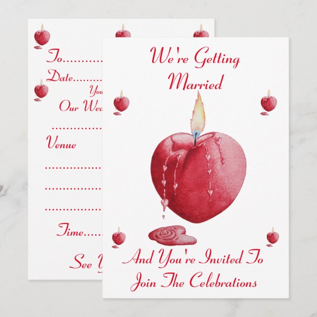 romantic red heart shaped candle for wedding  invitation (Front/Back)
