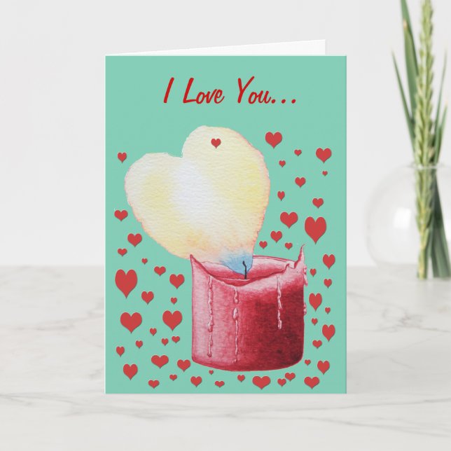 romantic red heart shaped flame candle love card (Front)