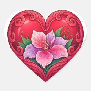 Romantic Red Heart With Floral Center Sticker