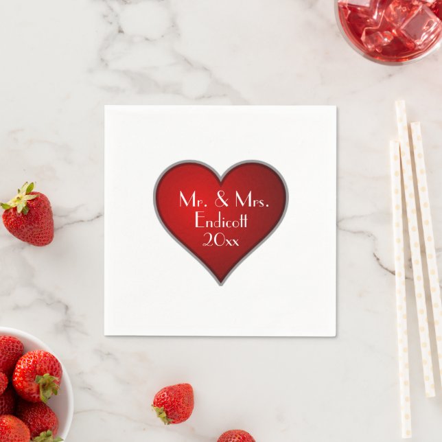 Romantic Red Heart with Name and Wedding Date Napkin (Insitu)