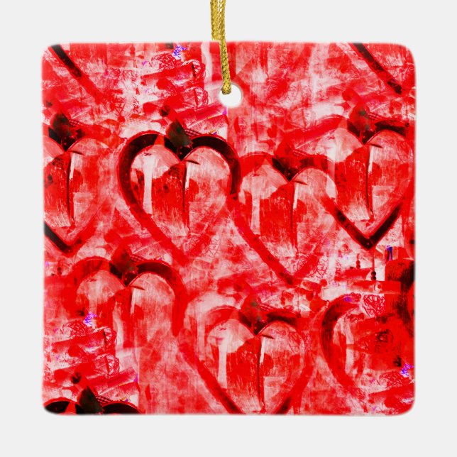 Romantic red hearts art ceramic ornament (Front)