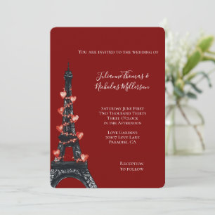 Romantic Red Hearts Eiffel Tower Wedding Invitation
