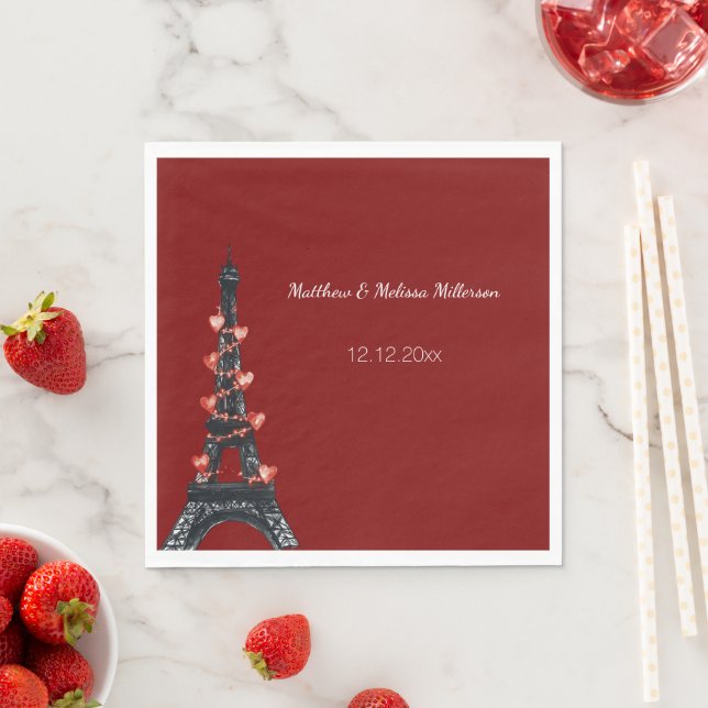 Romantic Red Hearts Eiffel Tower Wedding Napkin (Insitu)
