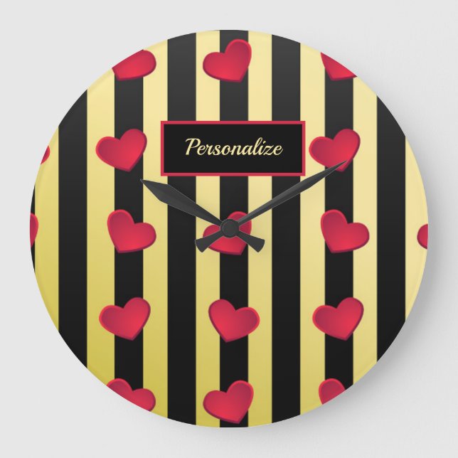 Romantic Red Hearts Gold Black Stripes Personalise Large Clock (Front)