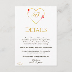 Romantic Red Hearts Gold Monogram Wedding Details Enclosure Card