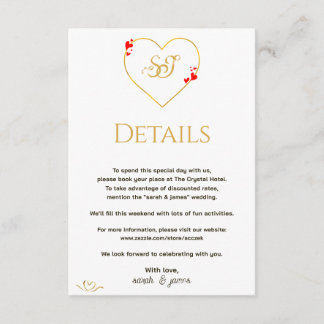 Romantic Red Hearts Gold Monogram Wedding Details Enclosure Card