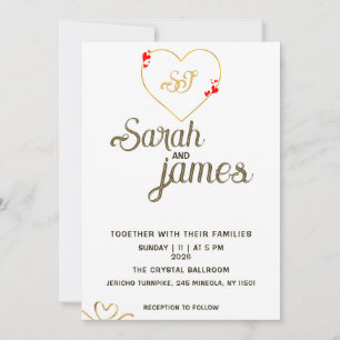 Romantic Red Hearts Gold Monogram Wedding Invitation