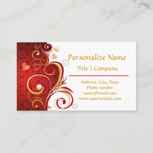 Romantic Red Hearts Gold Ribbons Business Card