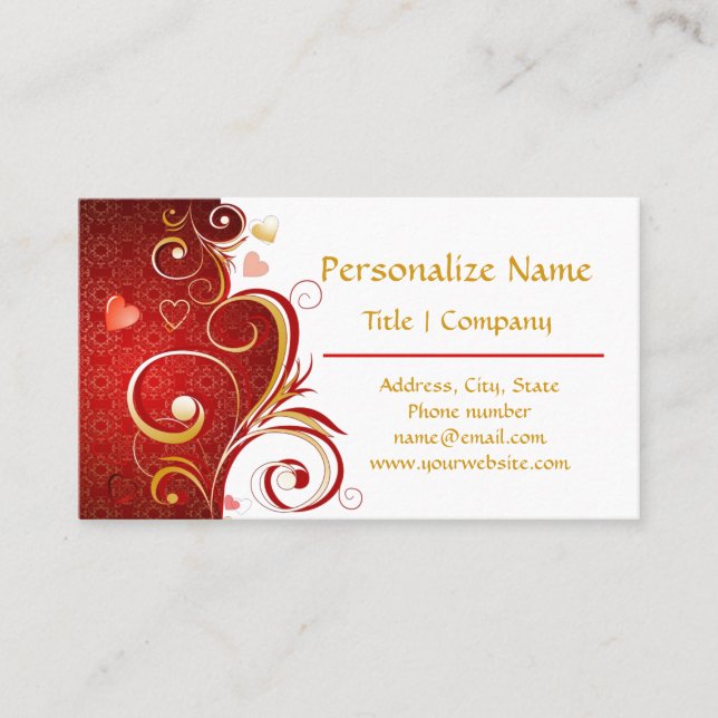 Romantic Red Hearts Gold Ribbons Business Card (Front)