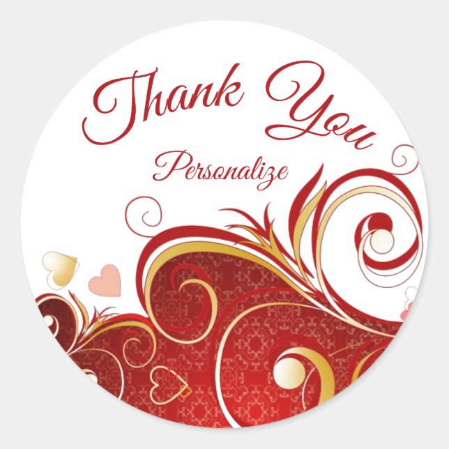 Romantic Red Hearts & Ribbon Thank You Personalise Classic Round Sticker (Front)