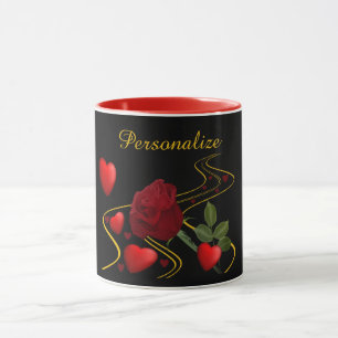 Romantic Red Hearts & Rose Gold Ribbon Personalise Mug