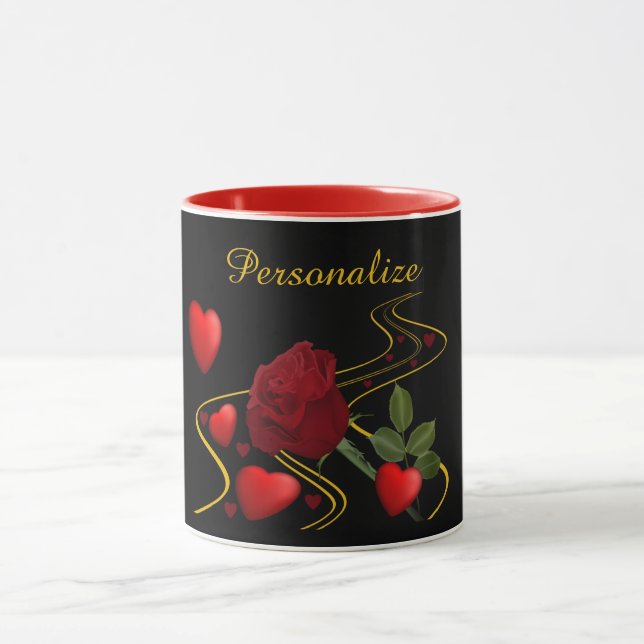 Romantic Red Hearts & Rose Gold Ribbon Personalise Mug (Center)