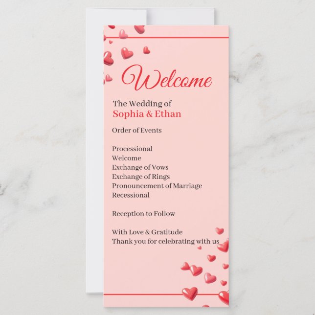 Romantic Red Hearts Wedding Program (Front)