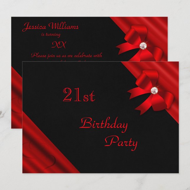 Romantic Red Jewelled Bow 21st Birthday Invitation (Front/Back)