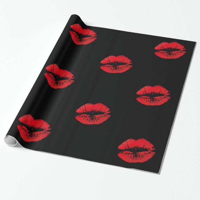 Romantic red lips kisses on black wrapping paper (Unrolled)
