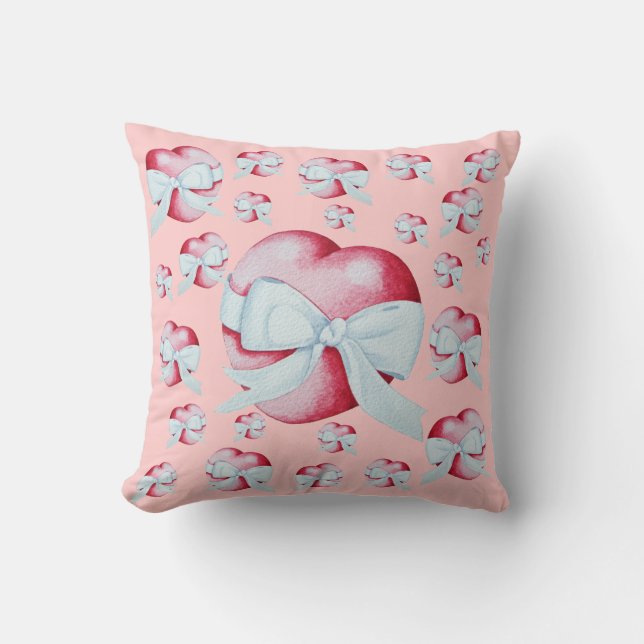 romantic red love heart and white bow cushion (Front)