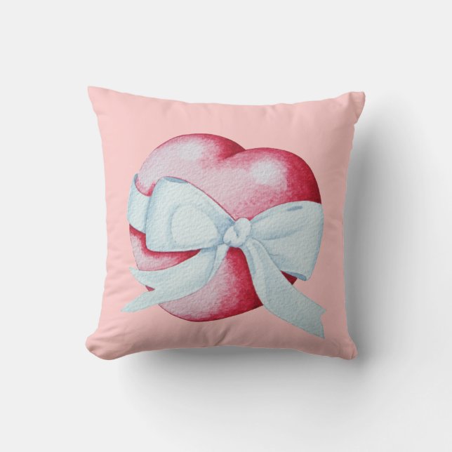 romantic red love heart and white bow cushion (Front)