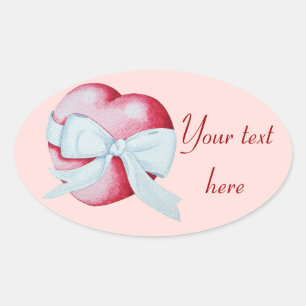 romantic red love heart and white bow oval sticker