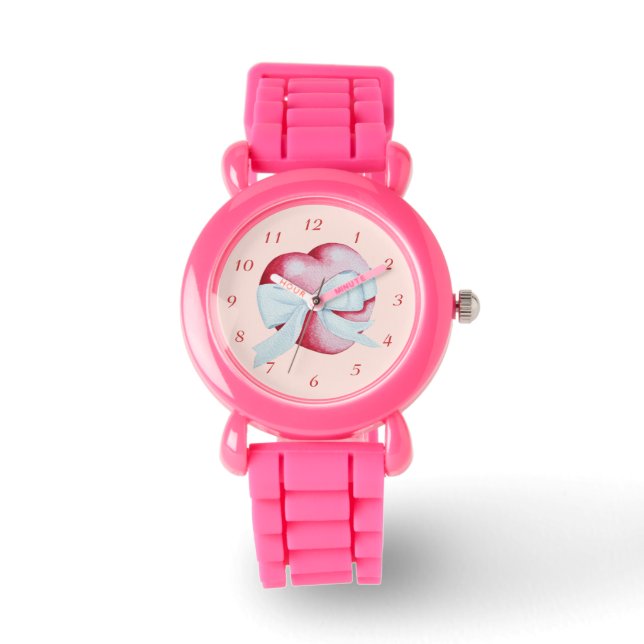 romantic red love heart & white bow on pink watch (Front)