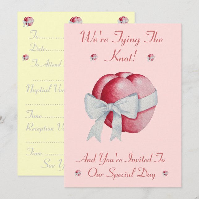 romantic red love heart white bow tying the knot invitation (Front/Back)