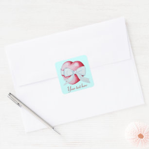 romantic red love heart with white ribbon bow square sticker