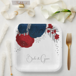 romantic red & navy flowers silver botanical paper plate