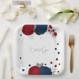romantic red & navy flowers silver botanical paper plate