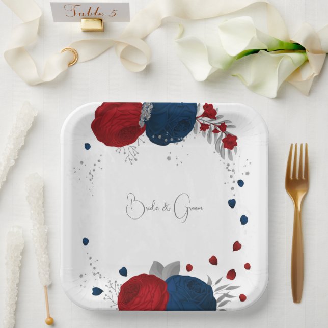 romantic red & navy flowers silver botanical paper plate (Wedding)