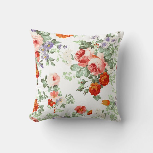 Romantic Red Orange Retro Girly Roses Floral Cushion (Front)