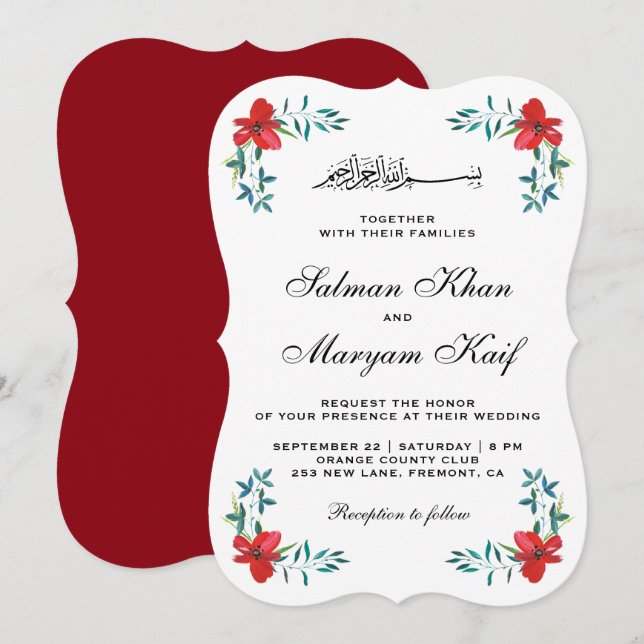 Romantic Red Painted Flowers Muslim Wedding Invitation (Front/Back)
