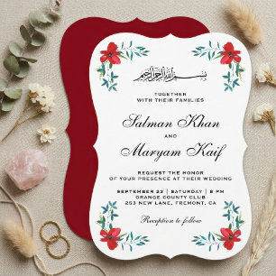 Romantic Red Painted Flowers Muslim Wedding Invitation