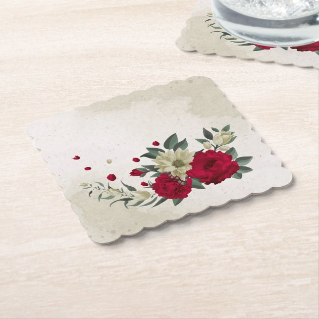 romantic red & pale yellow flowers paper coaster (Angled)